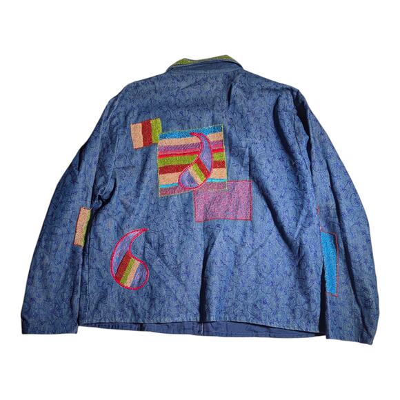 Vtg 1990s Pushpa Blue Cotton Denim Paisley Embroidered Beaded Button Up Jacket L - Picture 2 of 5